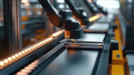 Poster - A close-up of a metallic assembly line moving with automation.