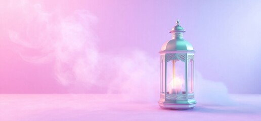 Wall Mural - Illuminated lantern, pink haze, festive mood, Ramadan