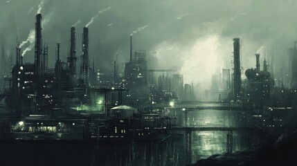 Poster - A futuristic industrial cityscape with factories and modern infrastructure.
