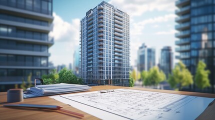 Poster - Blueprint of a high-rise building with annotations and architectural notes on a desk.