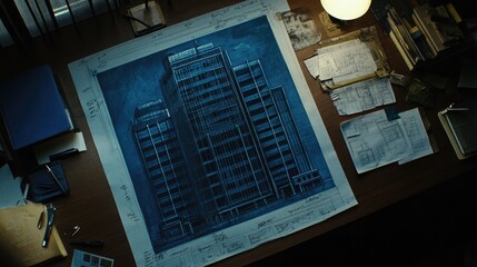 Poster - Blueprint of a high-rise building with annotations and architectural notes on a desk.