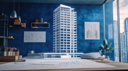 Poster - Blueprint of a high-rise building with annotations and architectural notes on a desk.
