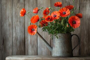 Poster - Vibrant Red Poppies in a Rustic Metal Watering Can