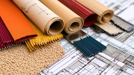 Poster - Close-up of architectural tools and blueprints on a wooden desk in a designer's office.