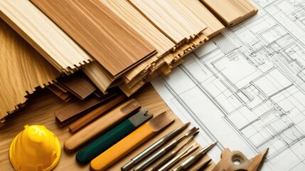 Poster - Close-up of architectural tools and blueprints on a wooden desk in a designer's office.
