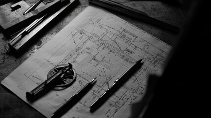 Poster - Close-up of a blueprint with scale markings, architectural pens, and a drafting compass.