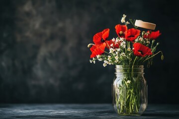 Poster - Red poppies and white flowers in a glass jar