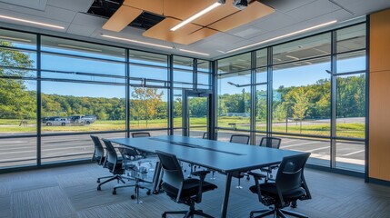 Poster - Conference room with an industrial-style table, modern lighting, and large windows.