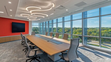 Poster - Conference room with an industrial-style table, modern lighting, and large windows.