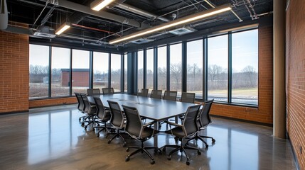Poster - Conference room with an industrial-style table, modern lighting, and large windows.
