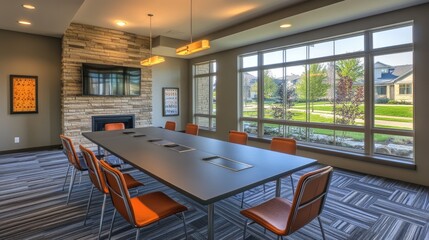 Poster - Conference room with an industrial-style table, modern lighting, and large windows.