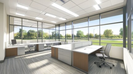 Poster - Corporate office interior with clean white desks, large windows, and bright lighting.