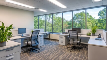 Poster - Corporate office interior with clean white desks, large windows, and bright lighting.