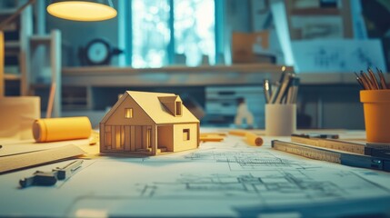 Poster - Detailed close-up of an architect's workspace with architectural models and measuring instruments.