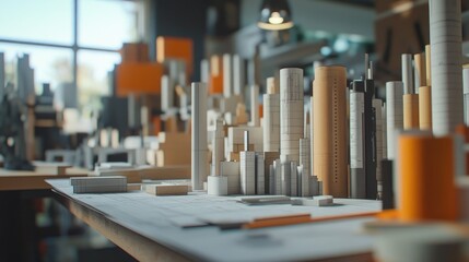Poster - Detailed close-up of an architect's workspace with architectural models and measuring instruments.