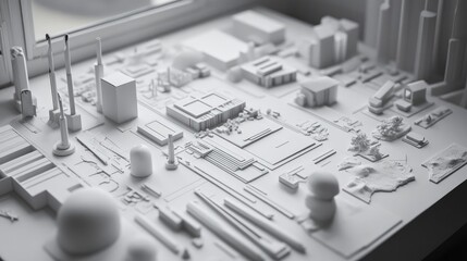 Poster - Detailed close-up of an architect's workspace with architectural models and measuring instruments.