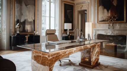 Poster - Elegant office setup with a glass desk, artistic dcor, and a sophisticated chair.