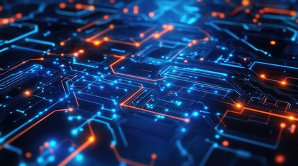 Poster - Glowing interconnected circuit board, symbolizing collective intelligence, neon blue background.