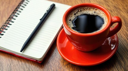 Poster - Minimalist office desk with a laptop, notebook, and coffee cup in a modern setting.