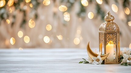 Wall Mural - Festive Ramadan lantern, crescent moon, flowers