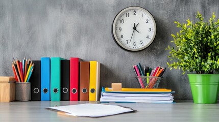 Poster - Neatly arranged desk with work-related documents, modern gray background.