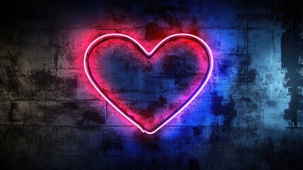 Poster - Neon heart glowing against a dark background, modern love concept.
