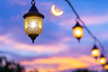 Wall Mural - Ramadan lanterns sunset crescent moon night celebration