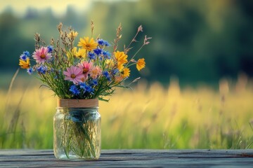 Poster - Wildflower bouquet in glass jar on wooden surface