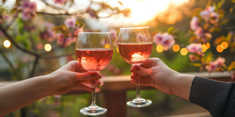 Wall Mural - Two glasses of pink wine on a table on cozy wooden terrace with blossoming trees and string lights in background. Charming evening in spring garden.