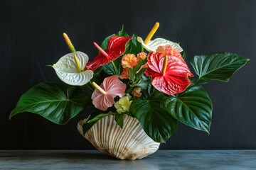 Poster - Vibrant Anthurium Flower Arrangement In Seashell Vase