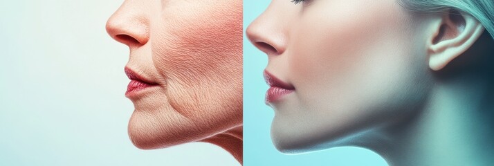 Poster - Comparison of aging and youthfulness highlighted through two faces showcasing contrasting skin textures and features. Generative AI