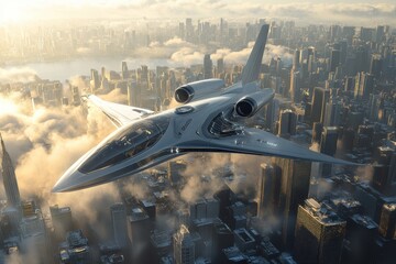 Aufkleber - Futuristic airplane soaring above a sprawling sci fi city during vibrant sunset hours. Generative AI