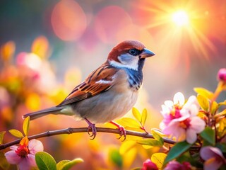 tiny sparrow bird peaceful nature scene - tilt-shift miniature photography