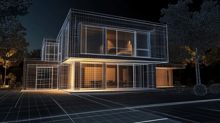 Poster - Architectural wireframe rendering of a modern two story home at night with outdoor trees