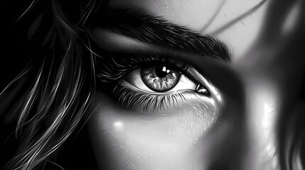 intense closeup portrait of womans eyes with dramatic chiaroscuro lighting deep shadows contrasting 