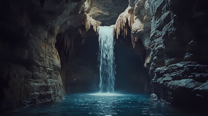 Poster - Mysterious waterfall flowing into a hidden ancient cave with dramatic carved rock formations on the walls and dim light illuminating the dark waters inside. Chiaroscuro Contrast. Illustration