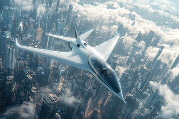 Aufkleber - Futuristic airplane soaring above a vibrant sci fi cityscape during a sunny day with scattered clouds. Generative AI