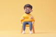 © Photock Agency - Cheerful Cartoon Character Sitting in Chair with Yellow Background Holding Card