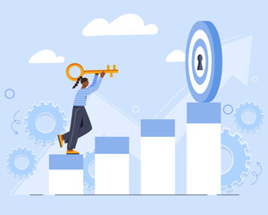 Poster - woman with business target. businesswoman with golden key near bullseye. aspiration and inspiration,