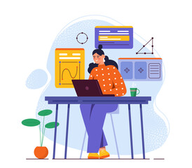 Poster - Graphic designer at workplace. Woman with laptop in office. Young girl create ui and ux design elements for website or mobile app. Freelancer and remote employee. Flat vector illustration