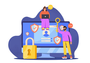Poster - digital data security. woman and man with golden key near padlock and computer screen. protection of
