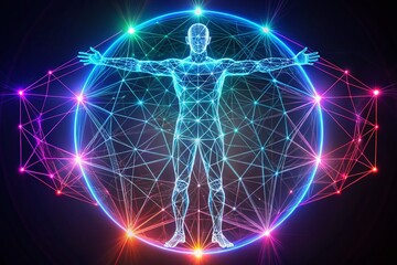 **** vitruvian man wireframe with futuristic elements..**