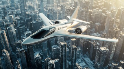 Aufkleber - Futuristic airplane with sleek design flying over a vibrant sci fi cityscape during golden hour. Generative AI