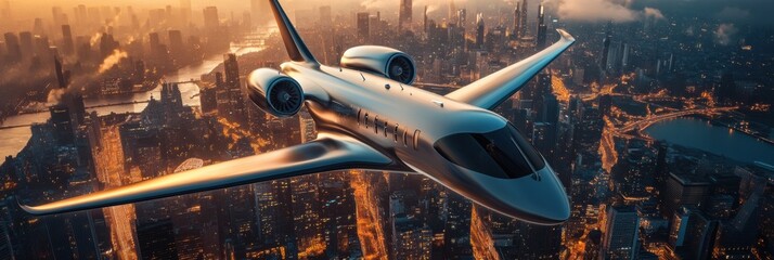 Aufkleber - Futuristic airplane flying above a vibrant sci fi cityscape at sunset with glowing lights and sleek architecture. Generative AI