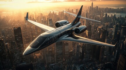 Wall Mural - Futuristic airplane glides smoothly over a dazzling sci fi city under a golden sunset sky. Generative AI