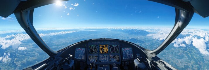 Poster - Breathtaking view from the cockpit during a clear flight over majestic mountains and vibrant landscapes. Generative AI