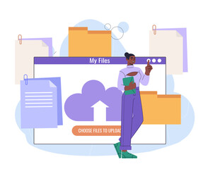 Poster - Upload files to cloud. Woman with cloud service uploading documents at server. Storage and archive with files. Saving backup to internet. Flat vector illustration