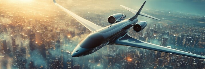Aufkleber - Futuristic airplane soaring over a vibrant sci fi city skyline at dusk with advanced technology and sleek design. Generative AI