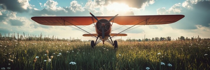 Poster - Vintage biplane rests on a grassy field surrounded by colorful flowers under a bright sunny sky. Generative AI