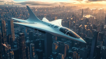 Aufkleber - Futuristic airplane soaring above a vibrant sci fi city during a breathtaking sunset. Generative AI